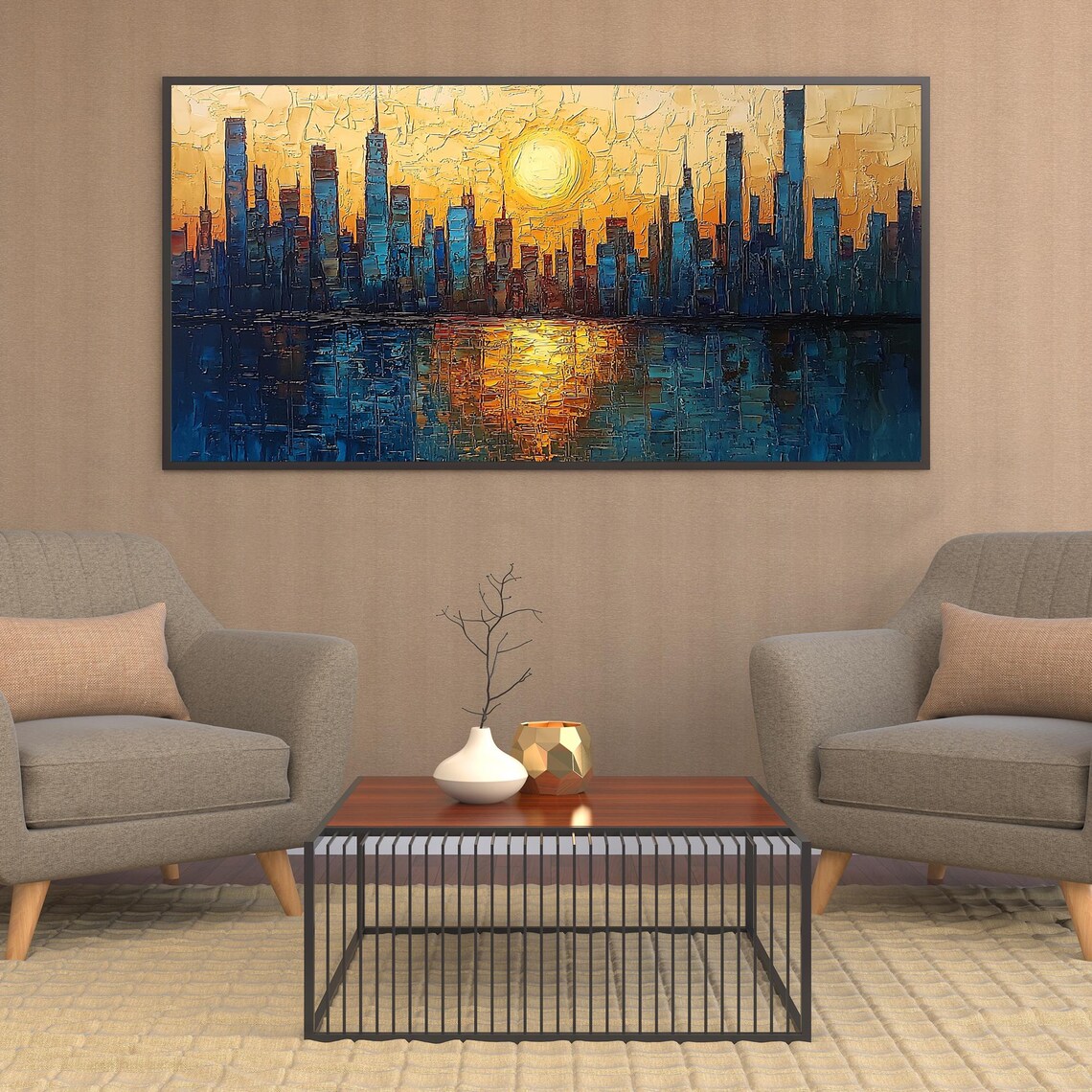 Golden Sunset City Skyline with Skyscrapers Reflection Wall Art - Image 2