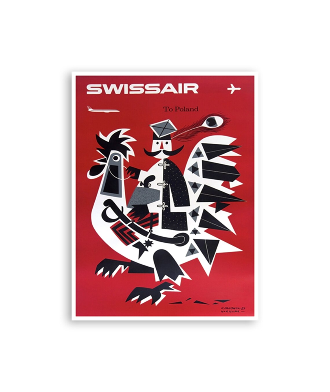 Swissair to Poland Nobleman Rooster Red Vintage Travel Poster