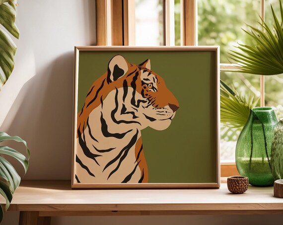 Tiger Portrait Illustration Green Jungle Safari Statement Poster