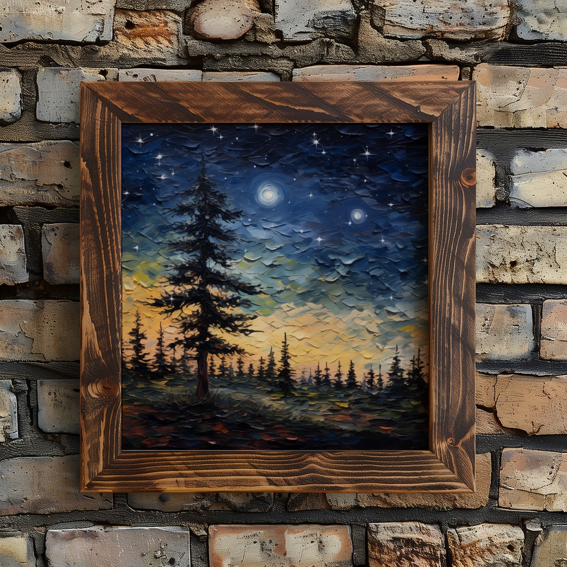 Square Night Sky Forest Print Starry Night Sky Painting Evening Pine Tree Wall Art Rustic Cabin Decor Mountain Rental Artwork - Image 6