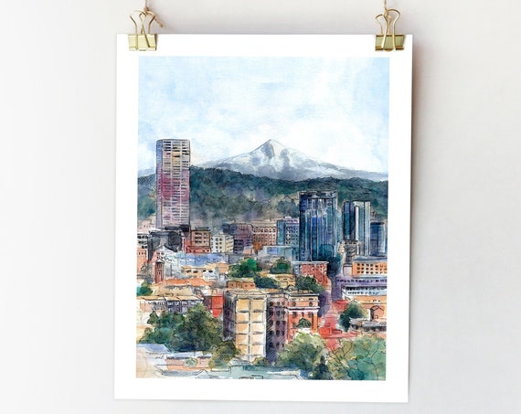 Portland Oregon Art Print, Mount Hood Watercolor Travel Poster