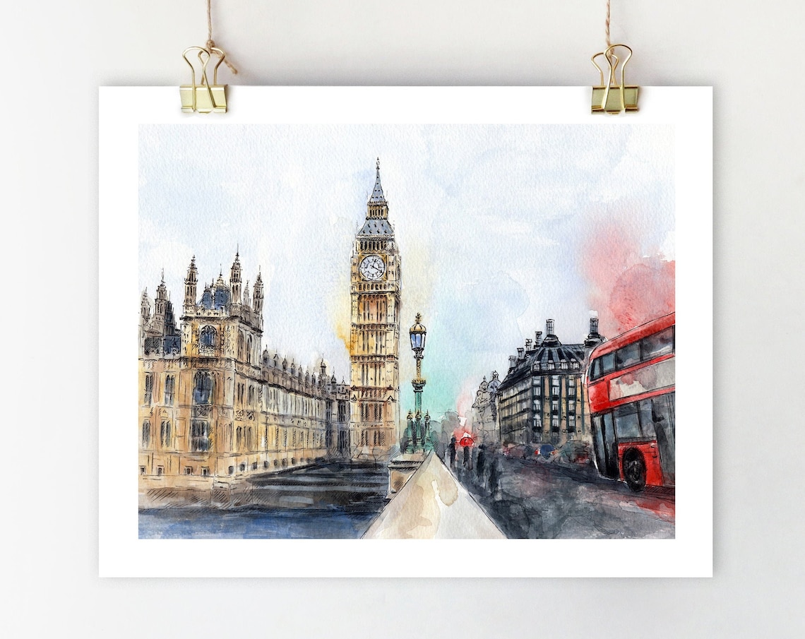 London Watercolor Travel Poster, Big Ben and Red Bus