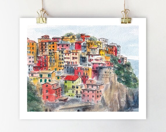 Cinque Terre Italy Art Print, Liguria Coastal Painting