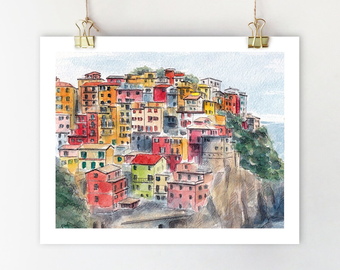 Cinque Terre Italy Art Print, Liguria Coastal Painting
