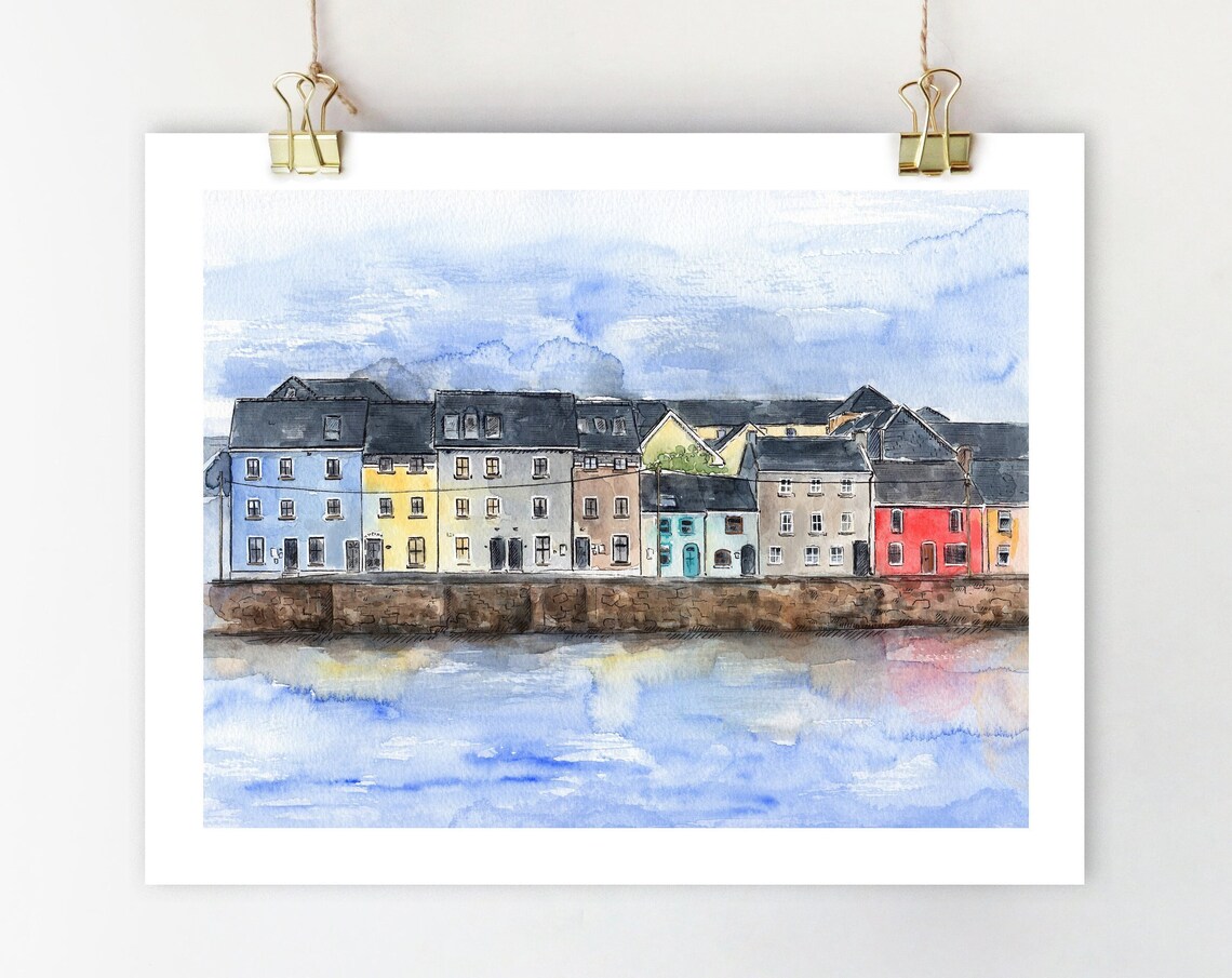 Galway Travel Poster, Watercolor Cityscape