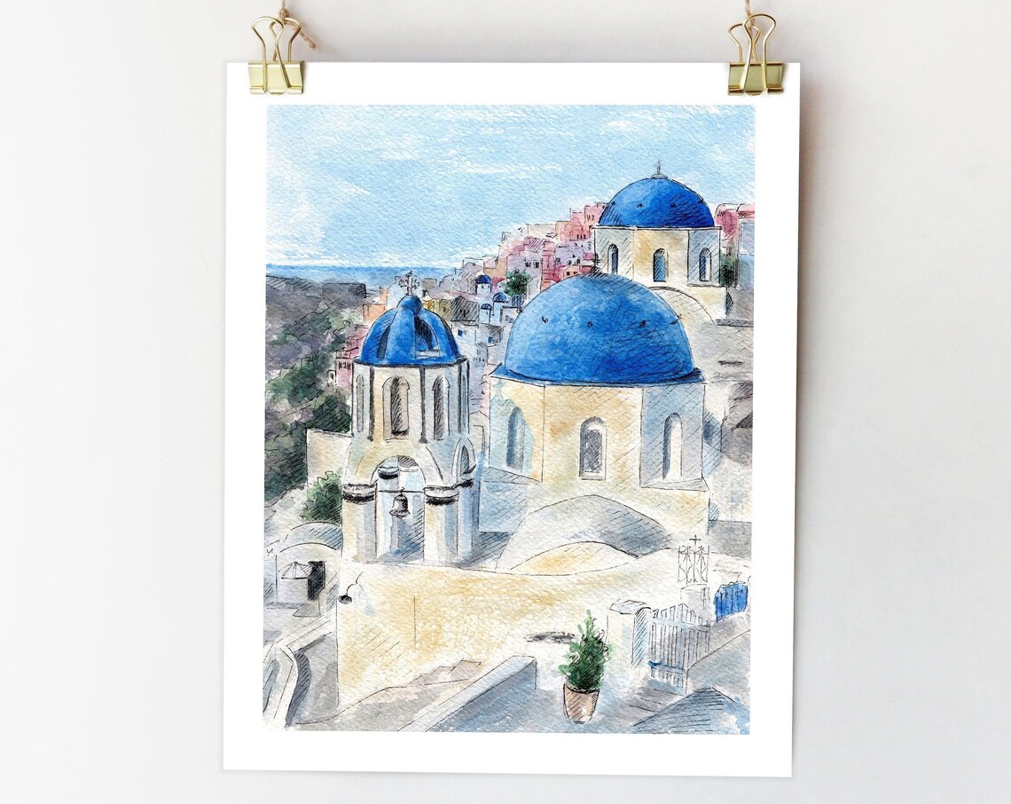 Santorini Watercolor Sketch Travel Poster