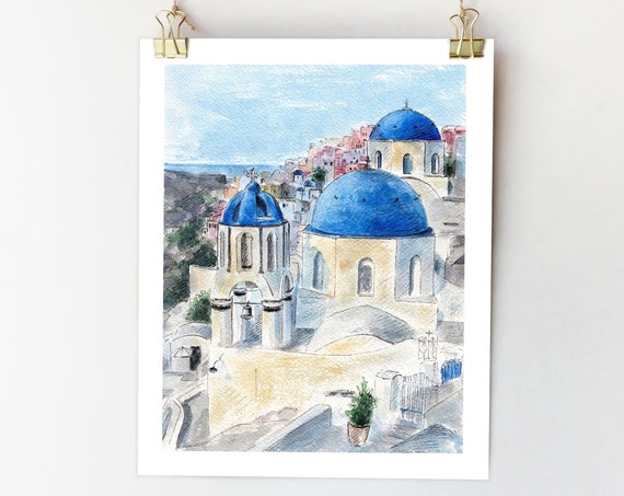 Santorini Watercolor Sketch Travel Poster