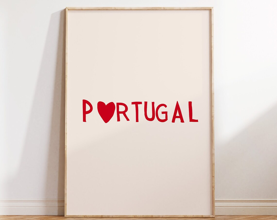 Portugal Red Heart Typography Minimal Travel Souvenir Wall Art