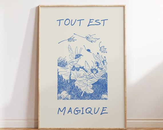 Tout Est Magique French Dancing Fairy Vintage Blue Art Poster
