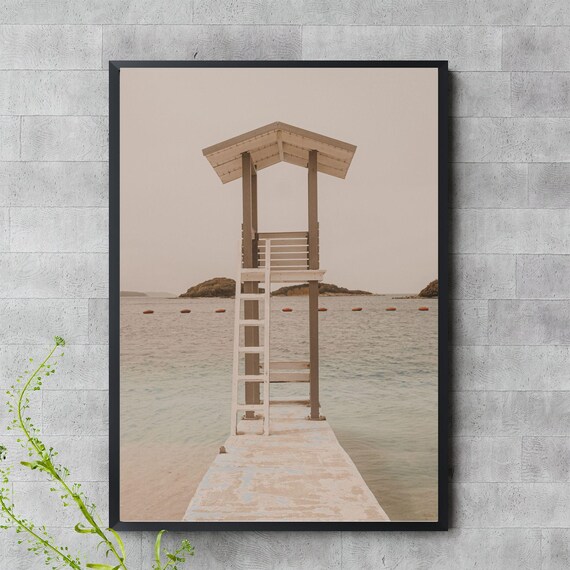 Minimalist Lifeguard Tower on a Pier Calm Ocean Coastal Poster