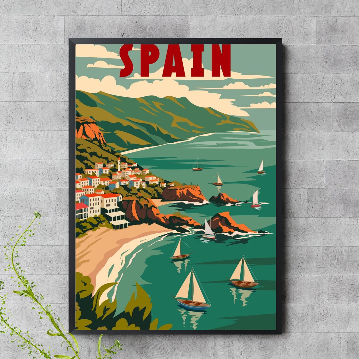 Spain Coastal Travel Poster Vintage Mediterranean Sailing Village