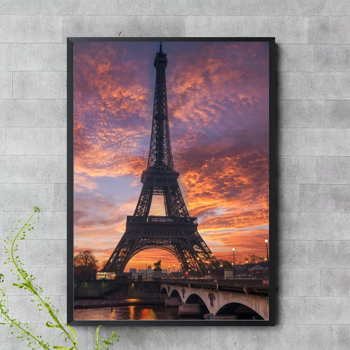 Eiffel Tower Sunset Fiery Orange Sky Paris Landmark Travel Poster