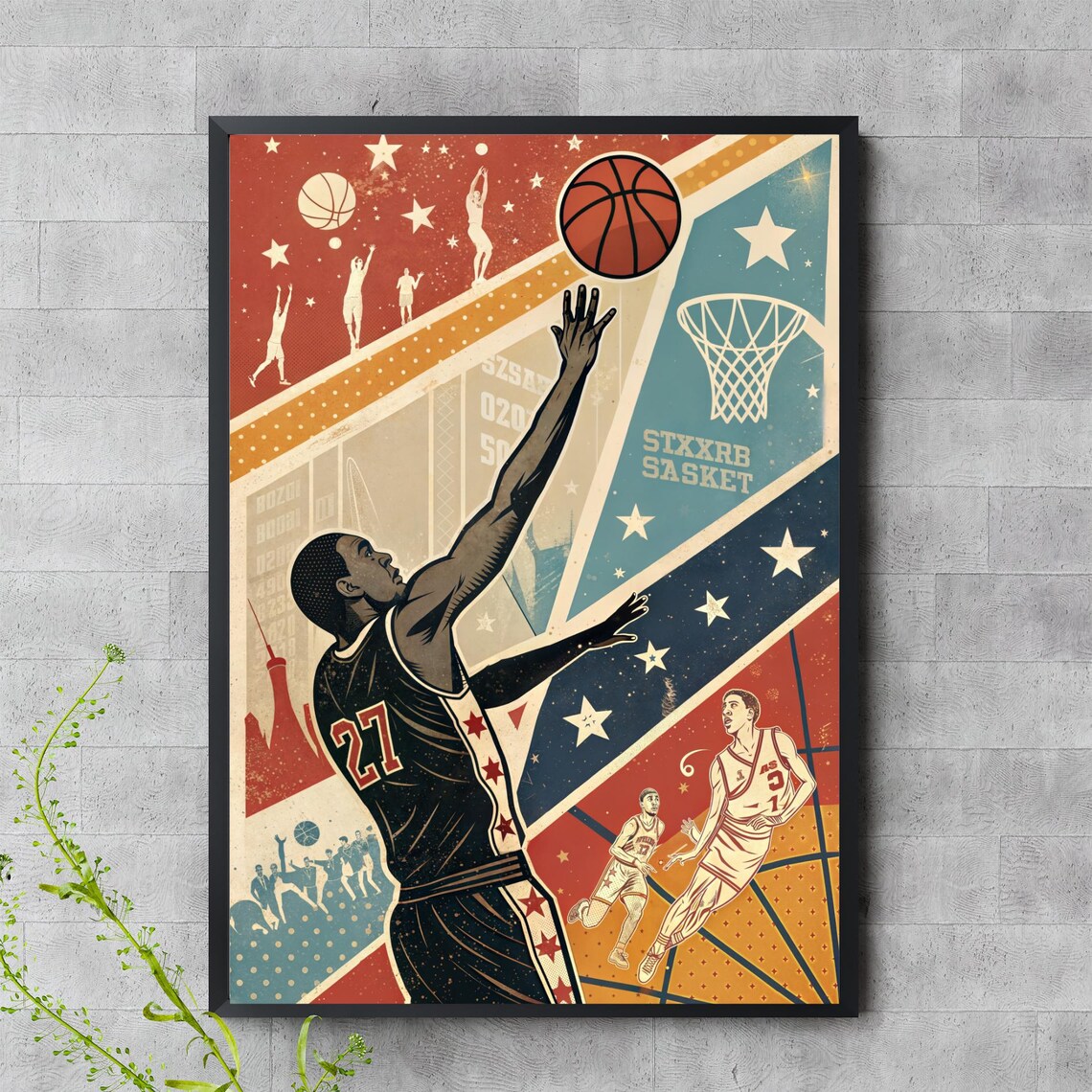 Retro Basketball Collage Dunking Player Vintage Star Burst Poster