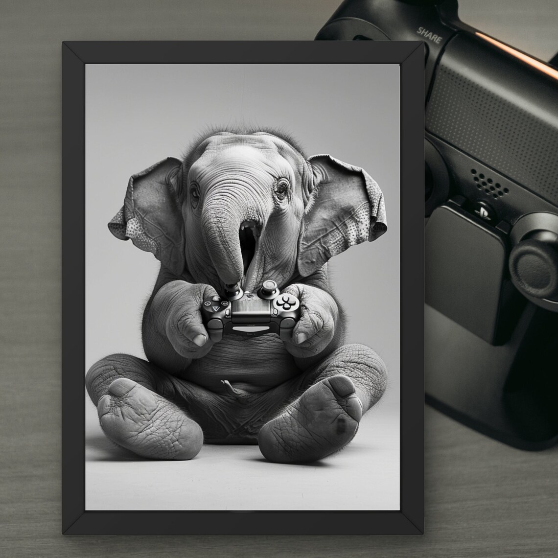 Baby Elephant Gamer Holding a Video Game Controller Funny Poster