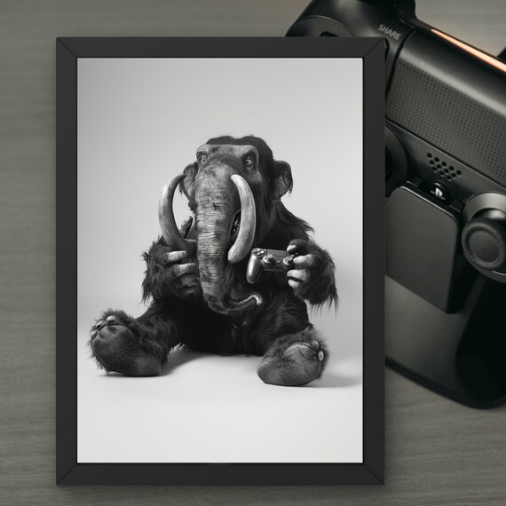 Funny Mammoth Poster Mammoth With Controller Gamer Gift Humorous Animal Art Wall Decor For Gaming Rooms
