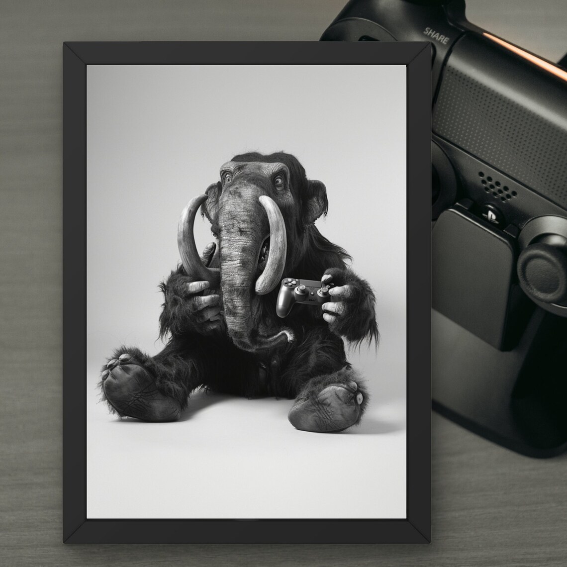 Funny Mammoth Poster Mammoth With Controller Gamer Gift Humorous Animal Art Wall Decor For Gaming Rooms