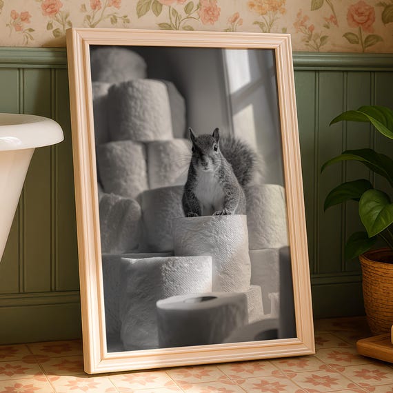 Funny Squirrel Toilet Paper Bathroom Print Black And White Photography
