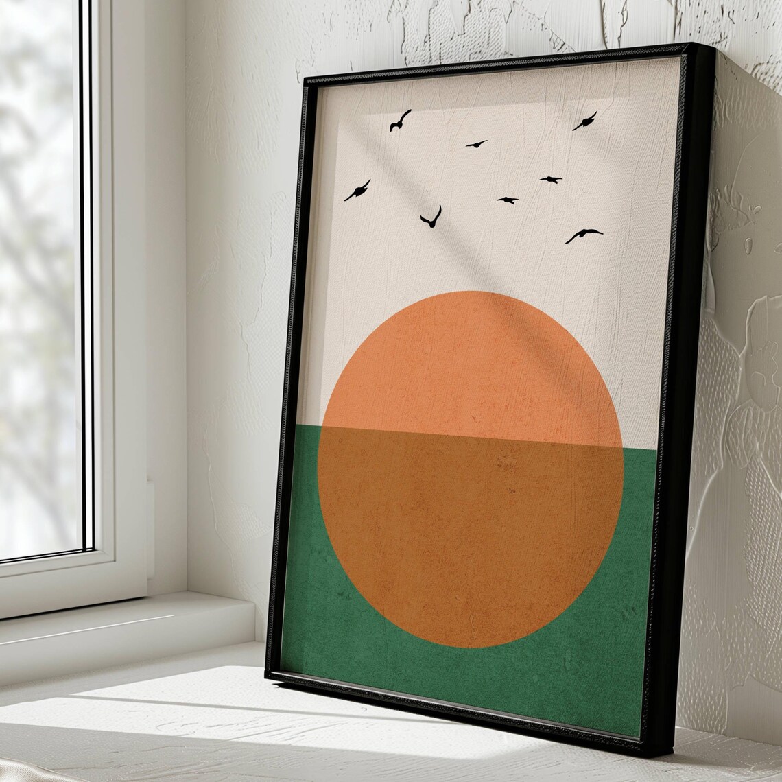 Minimalist Sunrise Over Sea Birds Japandi Abstract Sun Ocean Poster