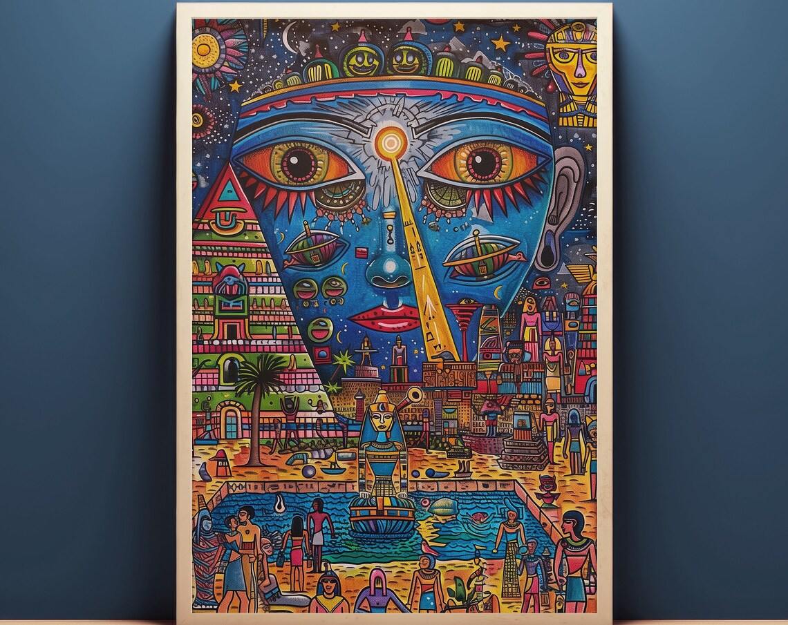 Surreal Ancient Egypt Illustration Wall Art Maxmimalist Print Vibrant Trippy Wall Decor Whimsical Pop Art Poster