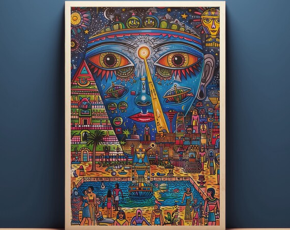 Surreal Ancient Egypt Illustration Wall Art Maxmimalist Print Vibrant Trippy Wall Decor Whimsical Pop Art Poster