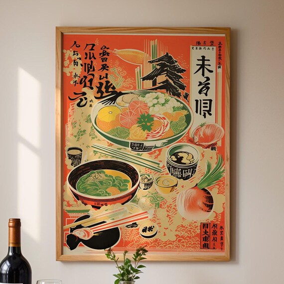 Retro Japanese Ramen Noodle Bowl Red Ukiyo E Style Kitchen Poster