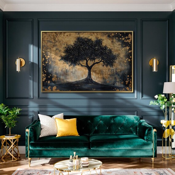 Mystical Beauty Tree Framed Print Abstract Black And Gold Luxury Art Natural Inspired Painting Print Home Decor Ready To Hang