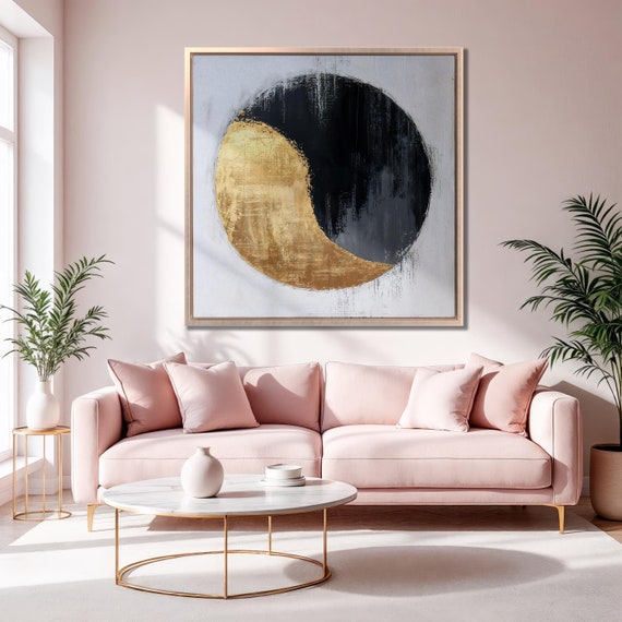 Black And Gold Circle Framed Print Abstract Yin Yang Luxury Art Geometric Painting Print Spiritual Square Decor Ready To Hang