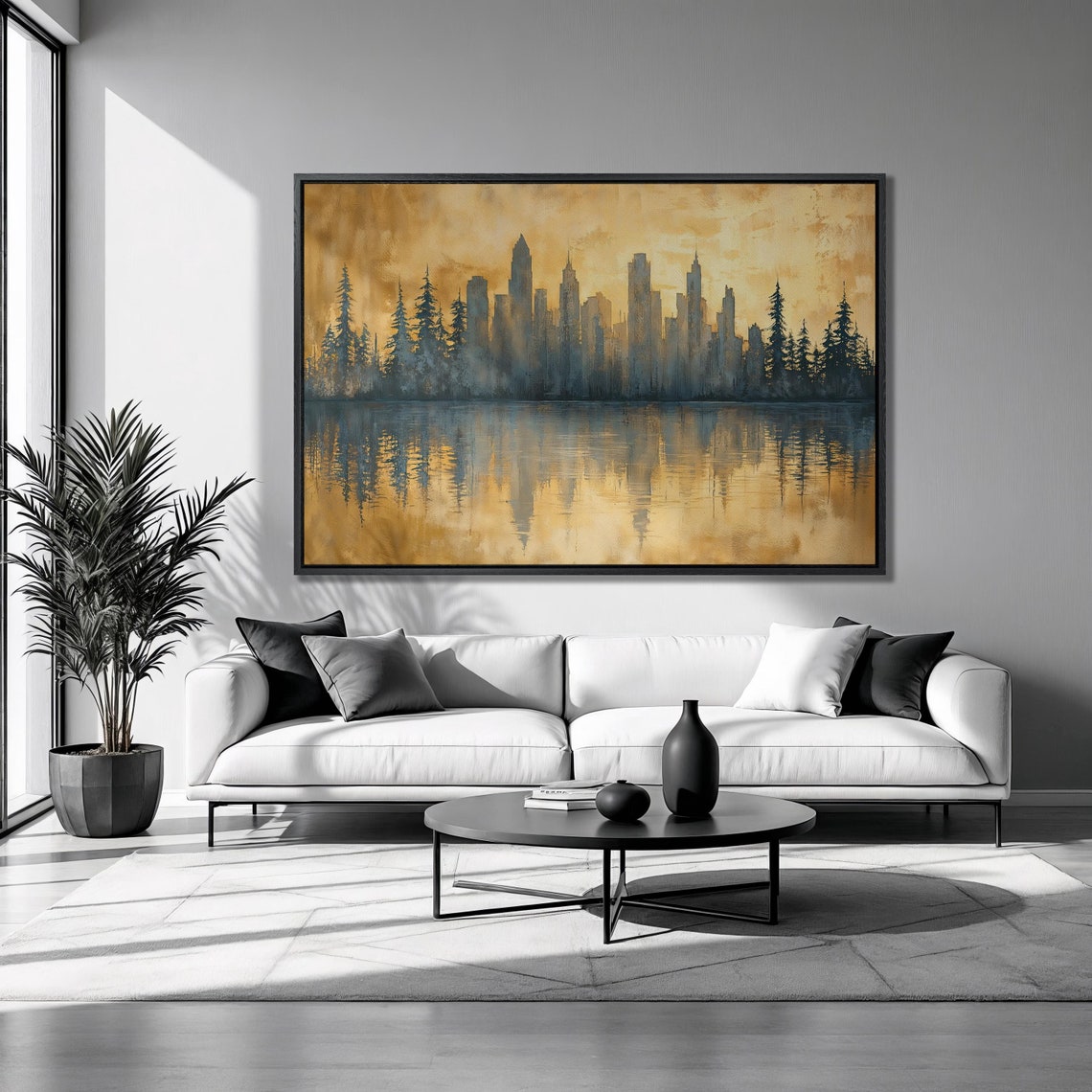 Golden City Skyline Sunset Pine Trees Lake Reflection Urban Art Poster