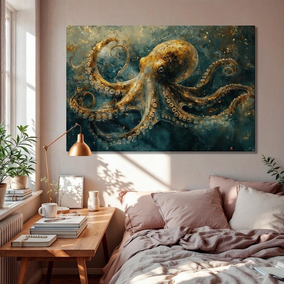 Golden Octopus Abstract Deep Sea Nautical Art Print