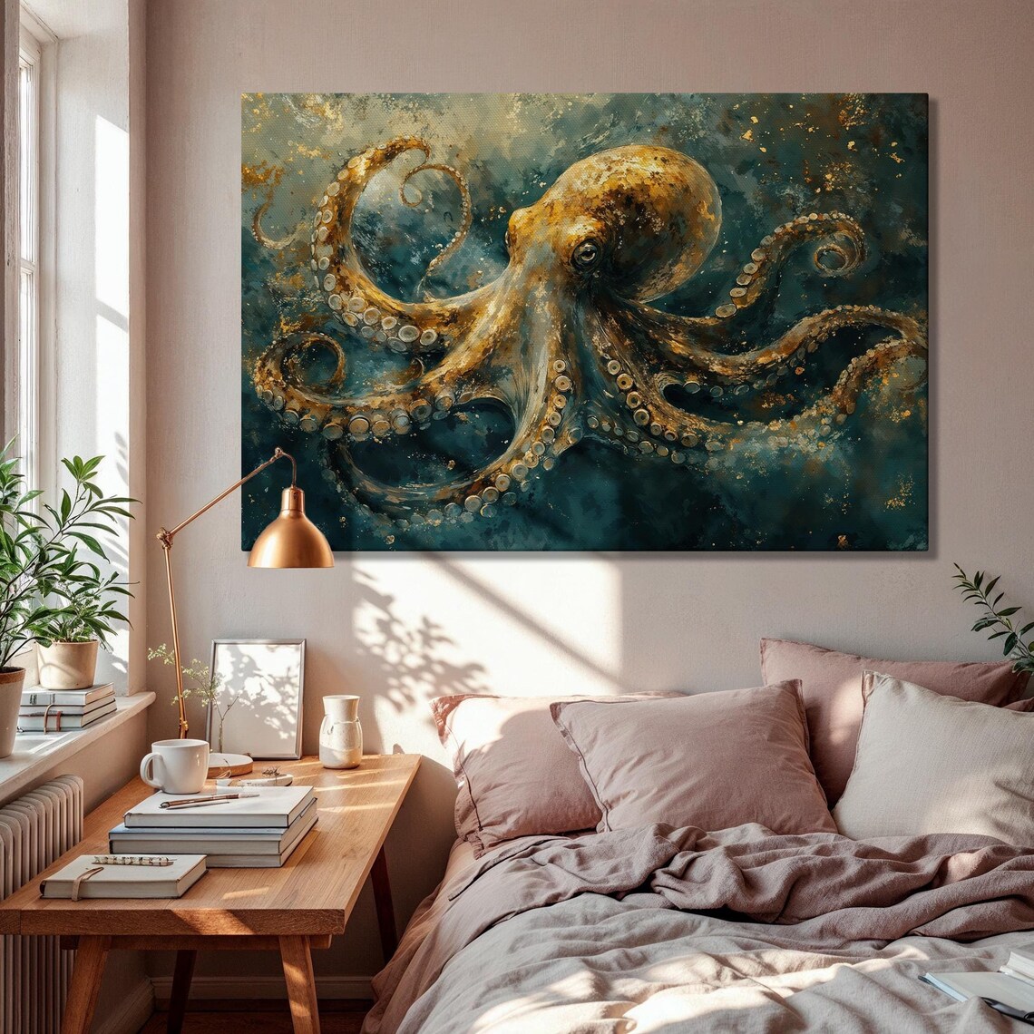 Golden Octopus Abstract Deep Sea Nautical Art Print