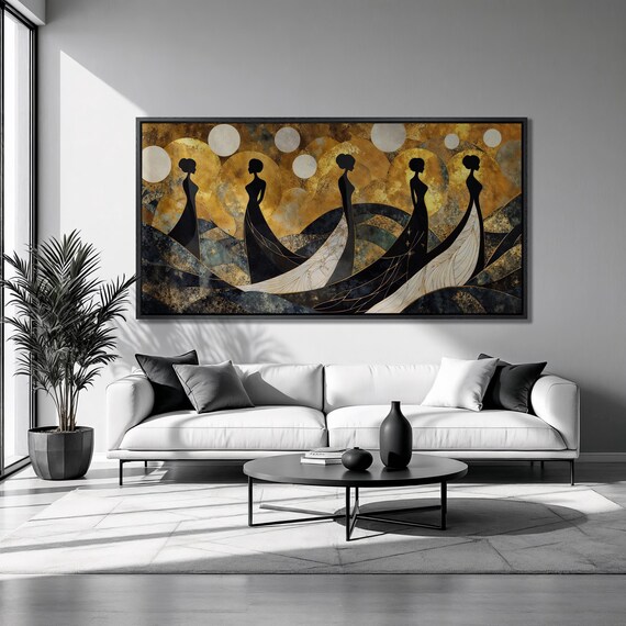 Five Elegant Women Silhouettes Black Gold Luxury Fashion Wall Art