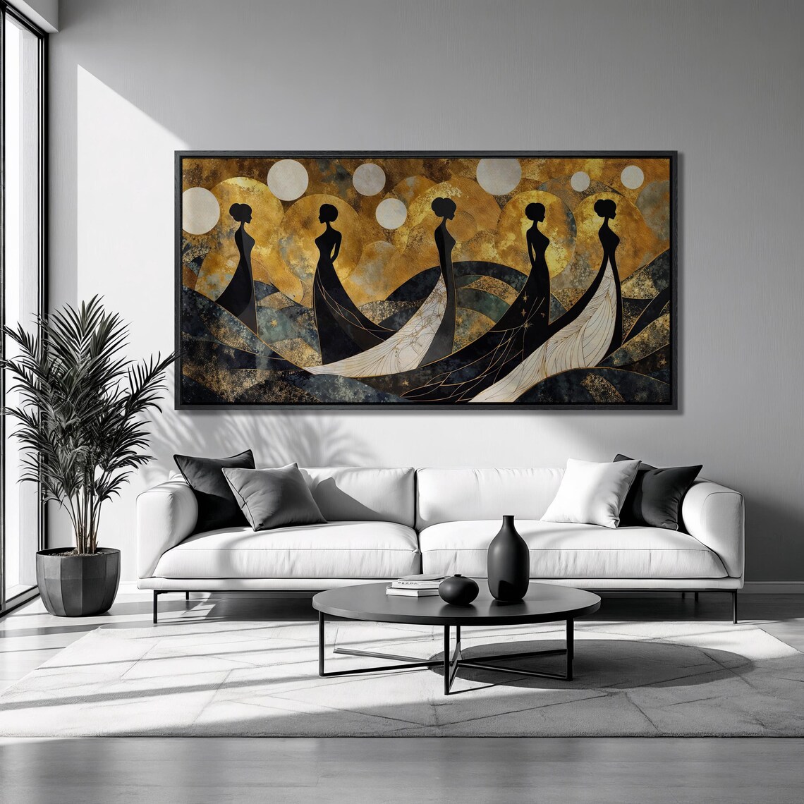 Five Elegant Women Silhouettes Black Gold Luxury Fashion Wall Art