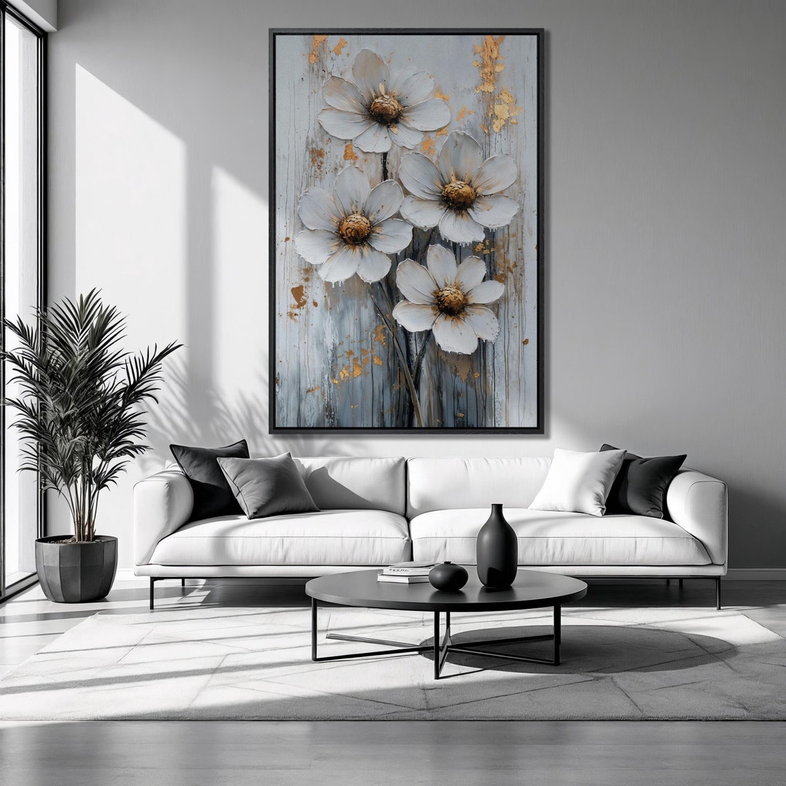 White Grey Floral Gold Centers Vertical Elegant Botanical Poster