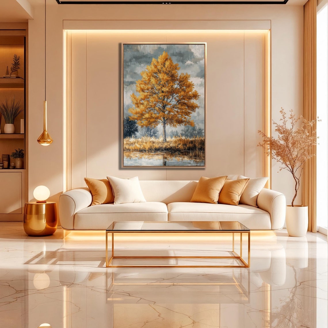 Golden Autumn Tree Cloudy Sky Water Reflection Vertical Nature Poster