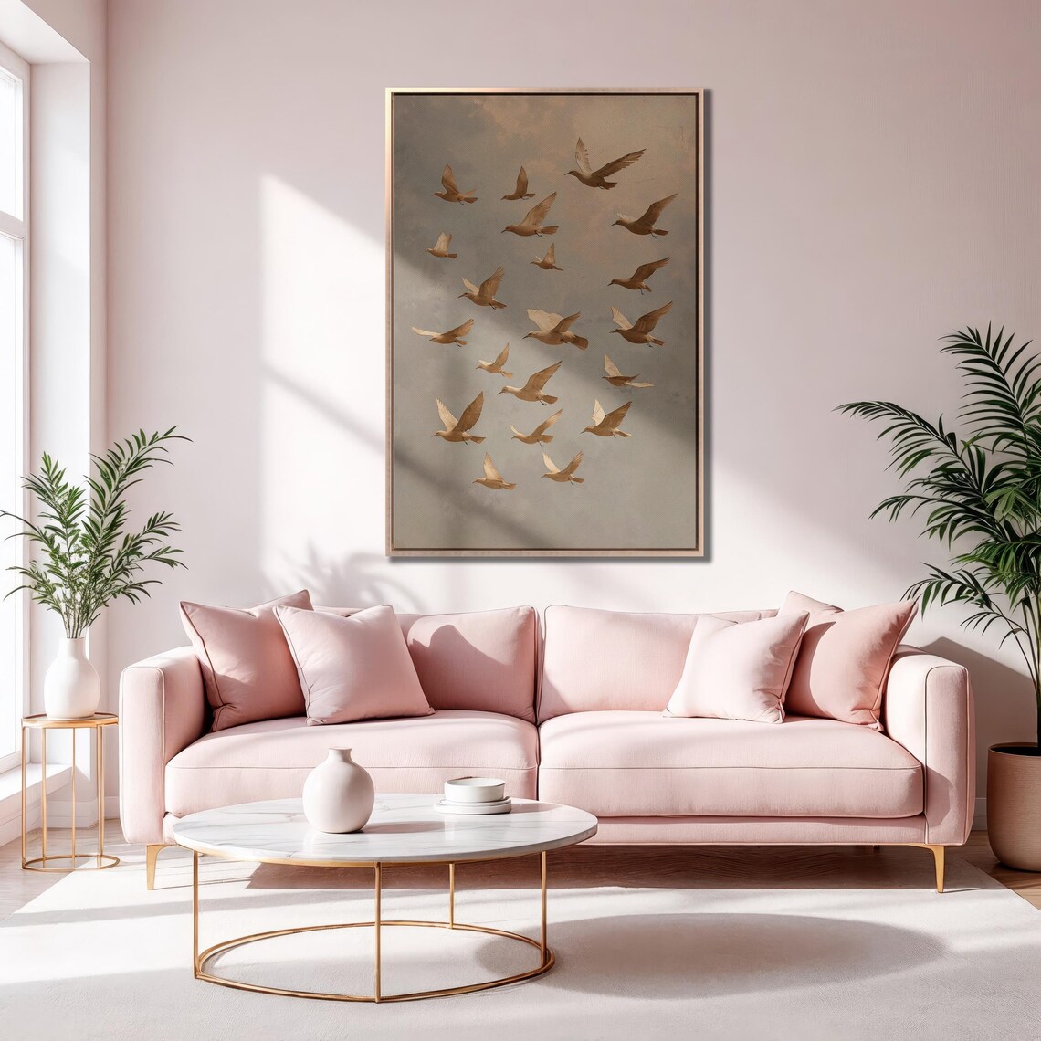 Flock Of Golden Birds Flying Across Beige Sky Minimalist Poster