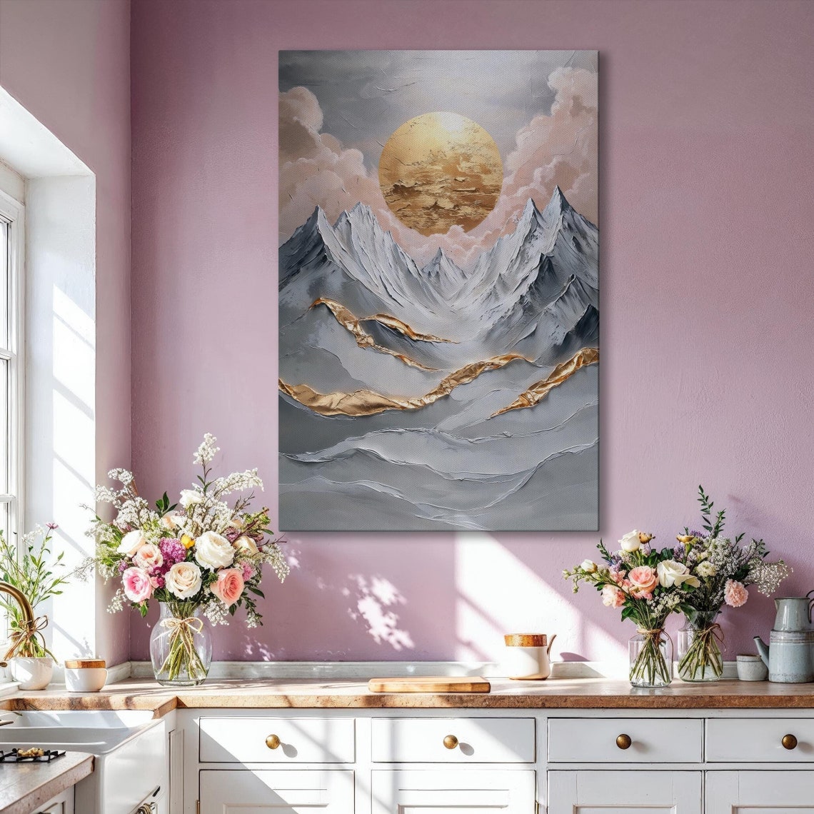 Snowy Mountain Peaks Golden Sun Pink Cloud Vertical Luxury Art Poster