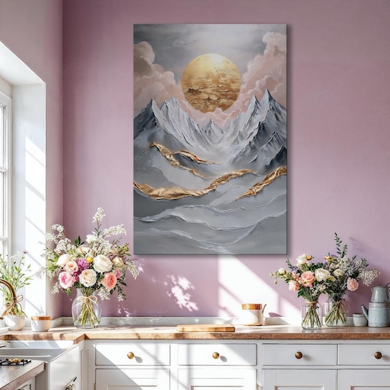 Snowy Mountain Blue Peaks Framed Print Pink Clouds Luxury Art Golden Sun Painting Print Dreamy Landscape Decor Ready To Hang