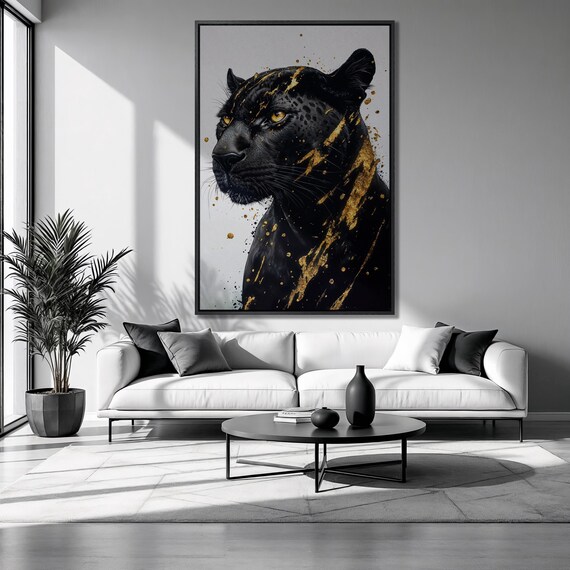 Black Panther Head Portrait Gold Accents Dramatic Big Cat Vertical Poster