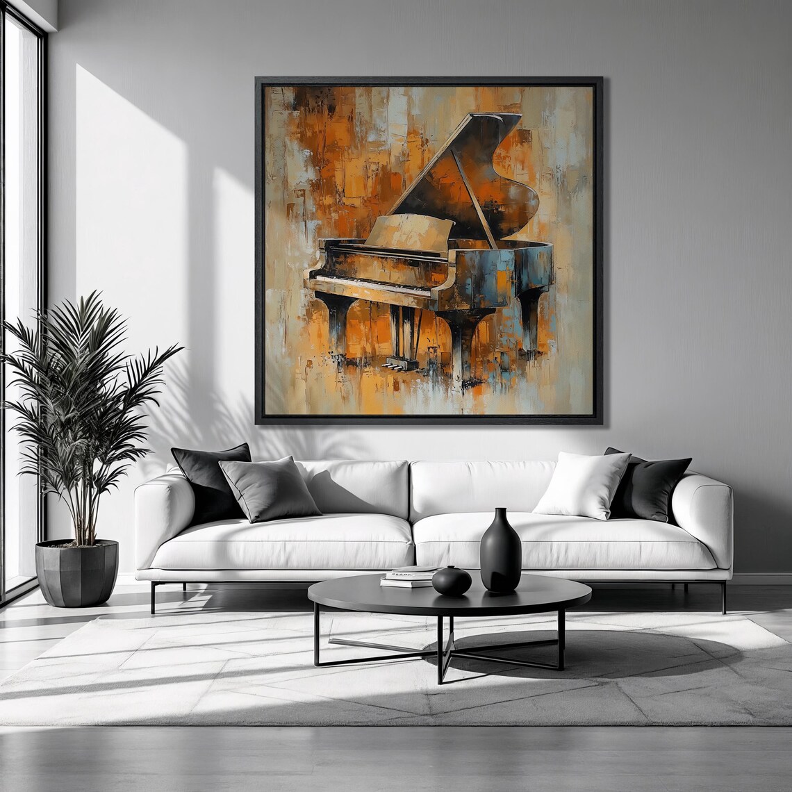 Grand Piano In Warm Orange And Gray Abstract Music Room Wall Art