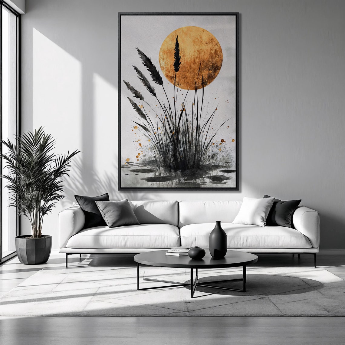 Mystical Golden Moon Black Wild Grass Ink Botanical Art Print Poster