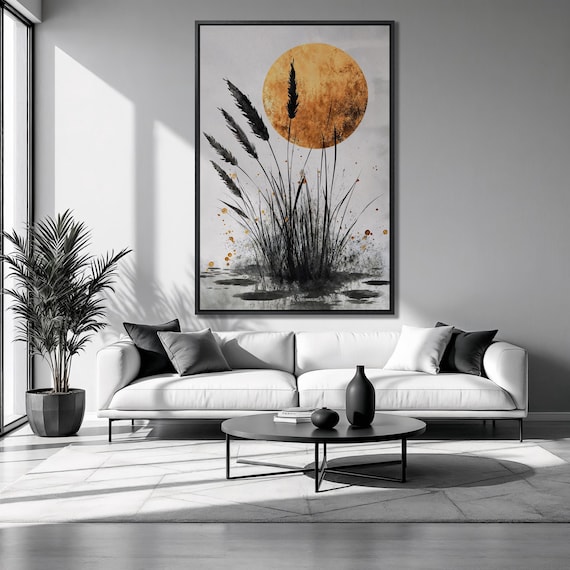 Mystical Golden Moon Framed Print Black Reed Luxury Art Grass And Plants Painting Print Wild Flora Decor Gift Ready To Hang
