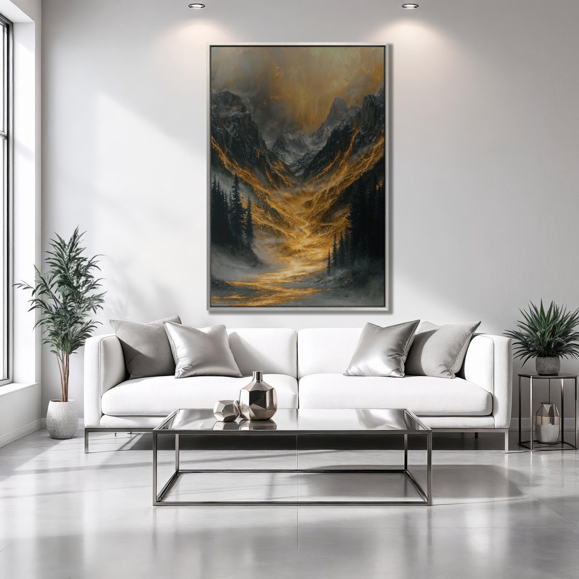 Mystical Golden Mountain Valley Mist Vertical Surreal Art Poster