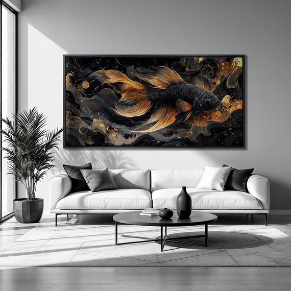 Black Betta Fish With Gold Fins Framed Print Underwater Animal Luxury Art Swirl Water Painting Print Home Decor Ready To Hang