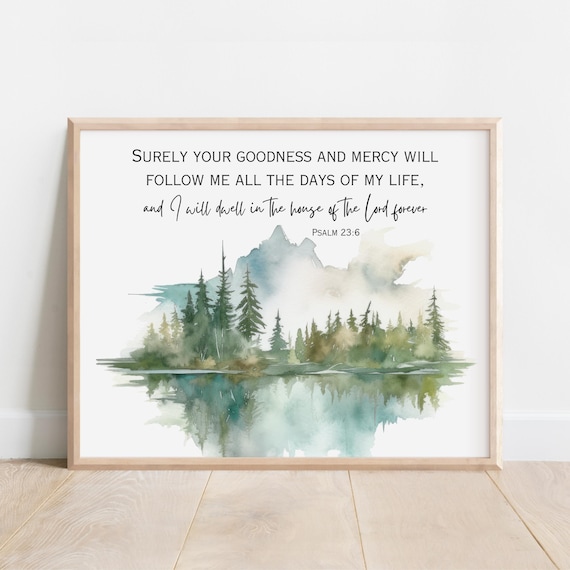 Psalm 23 6 Goodness And Mercy Scripture Wall Art Forest Lake Watercolor