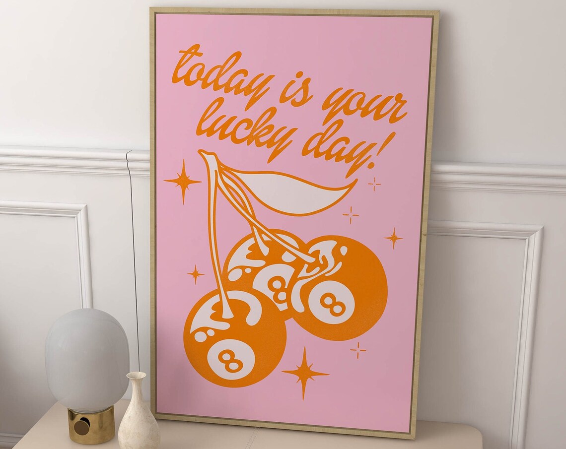 Today Is Your Lucky Day Cherry 8 Balls Orange Pink Retro Wall Art - Image 2