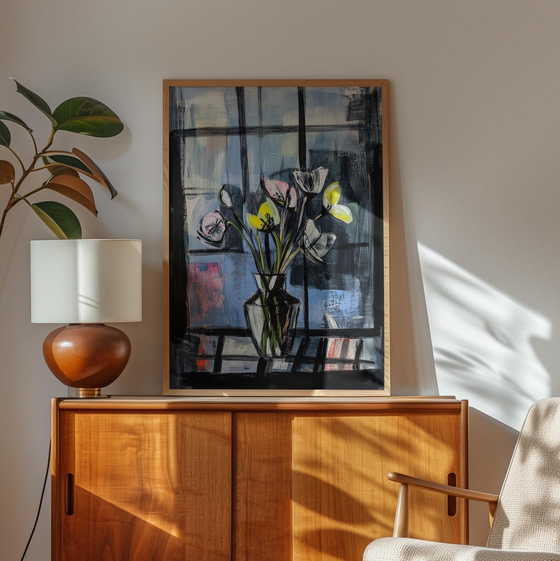 Tulips In Glass Vase Against Dark Moody Window Light Wall Art