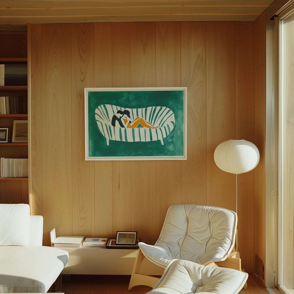 Couple Embracing on Striped Couch Green Abstract Love Poster - Image 3