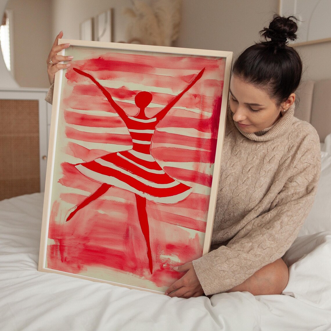 Elegant Red Ballerina Dancer Silhouette Striped Dress Poster - Image 4