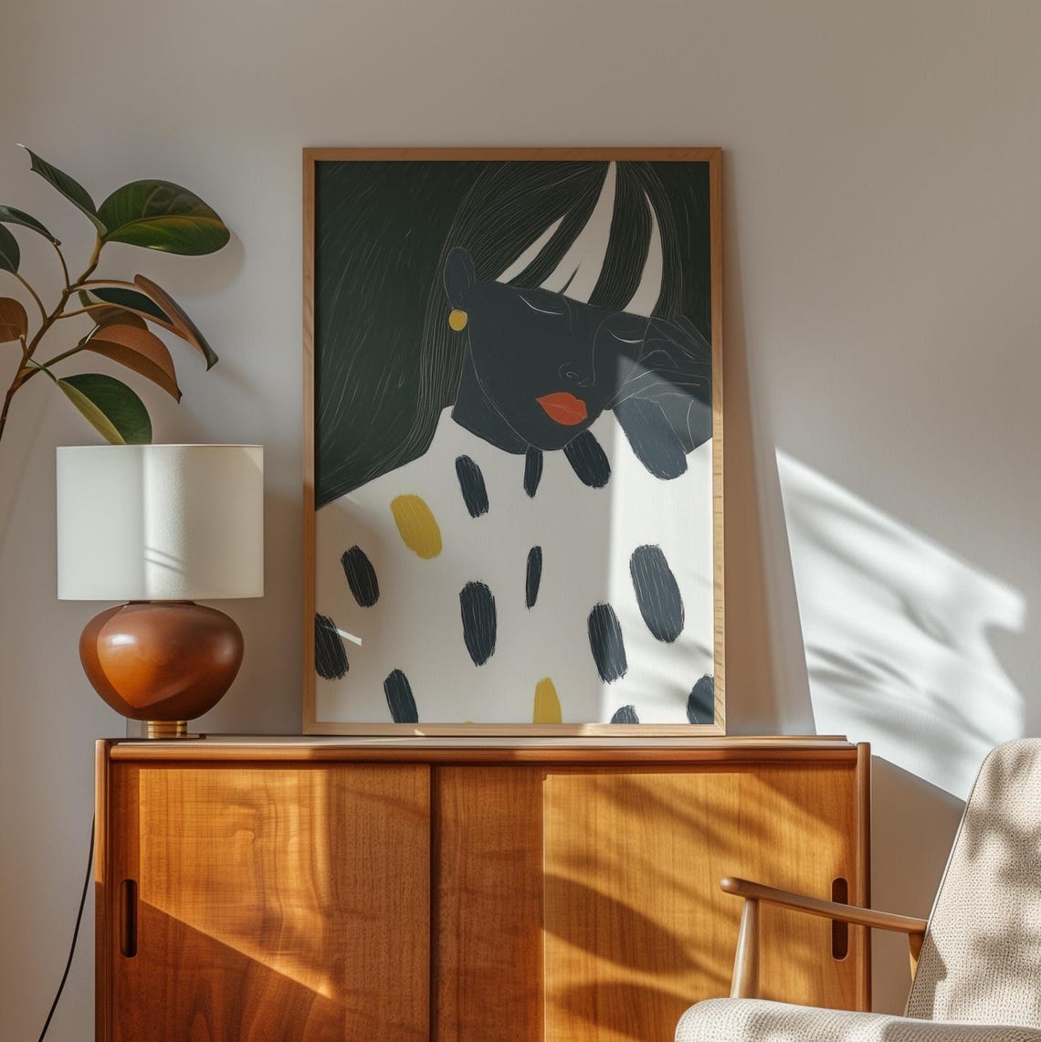 Abstract Portrait Wall Art Minimalist Print With Gold Modern Feminine Illustration Bold Lipstick Dark Tones And Polka Dots Decor - Image 3