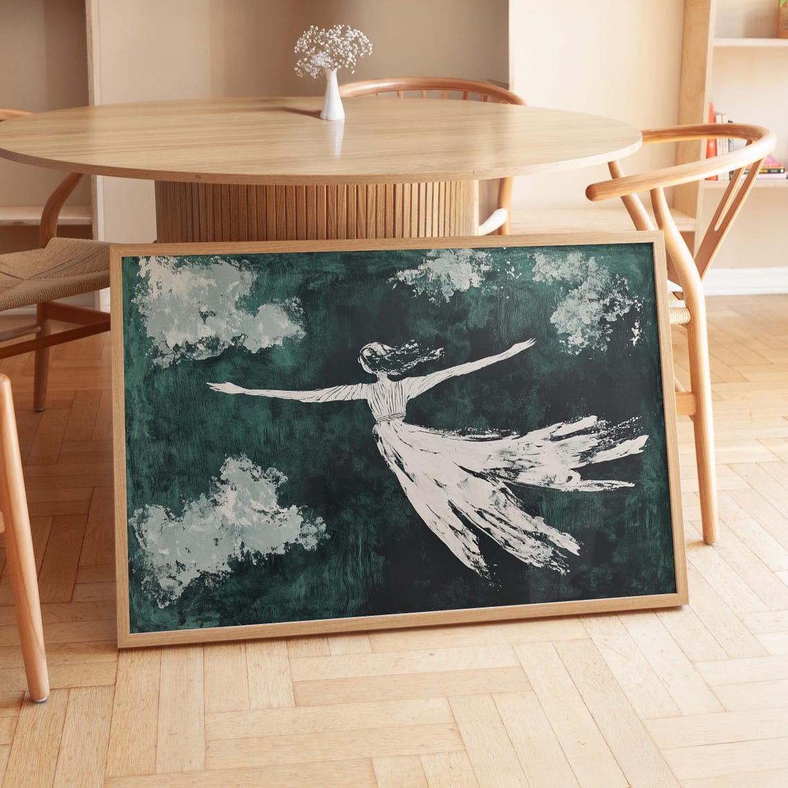 Flying Woman White Dress Clouds Dark Emerald Sky Abstract Poster